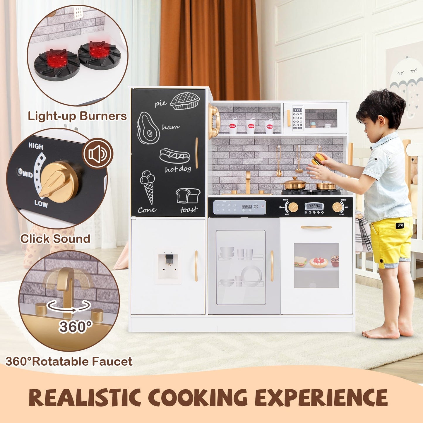 Play Kitchen Toy Set with Chalkboard and Real Sounds & Lights-White