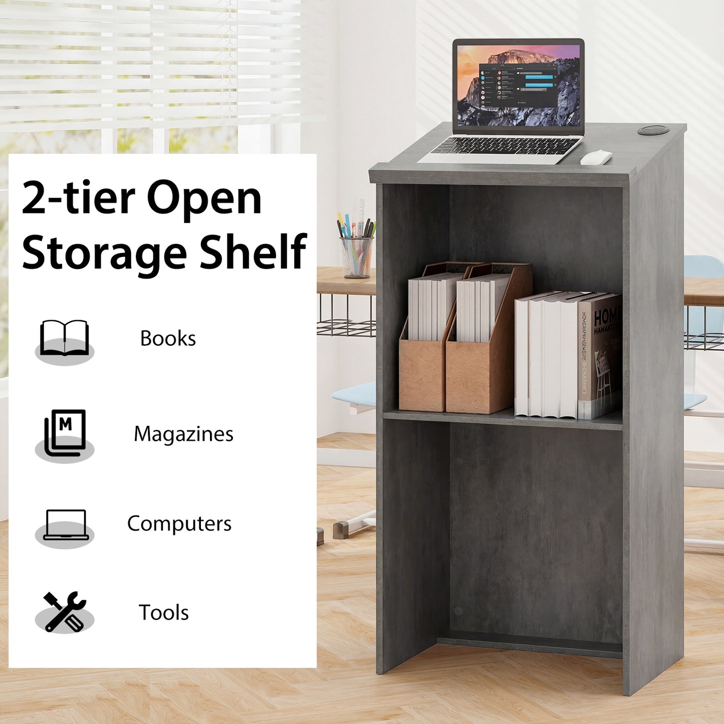 Podium Stand Hostess Stand for Speakers with Storage Shelf-Grey