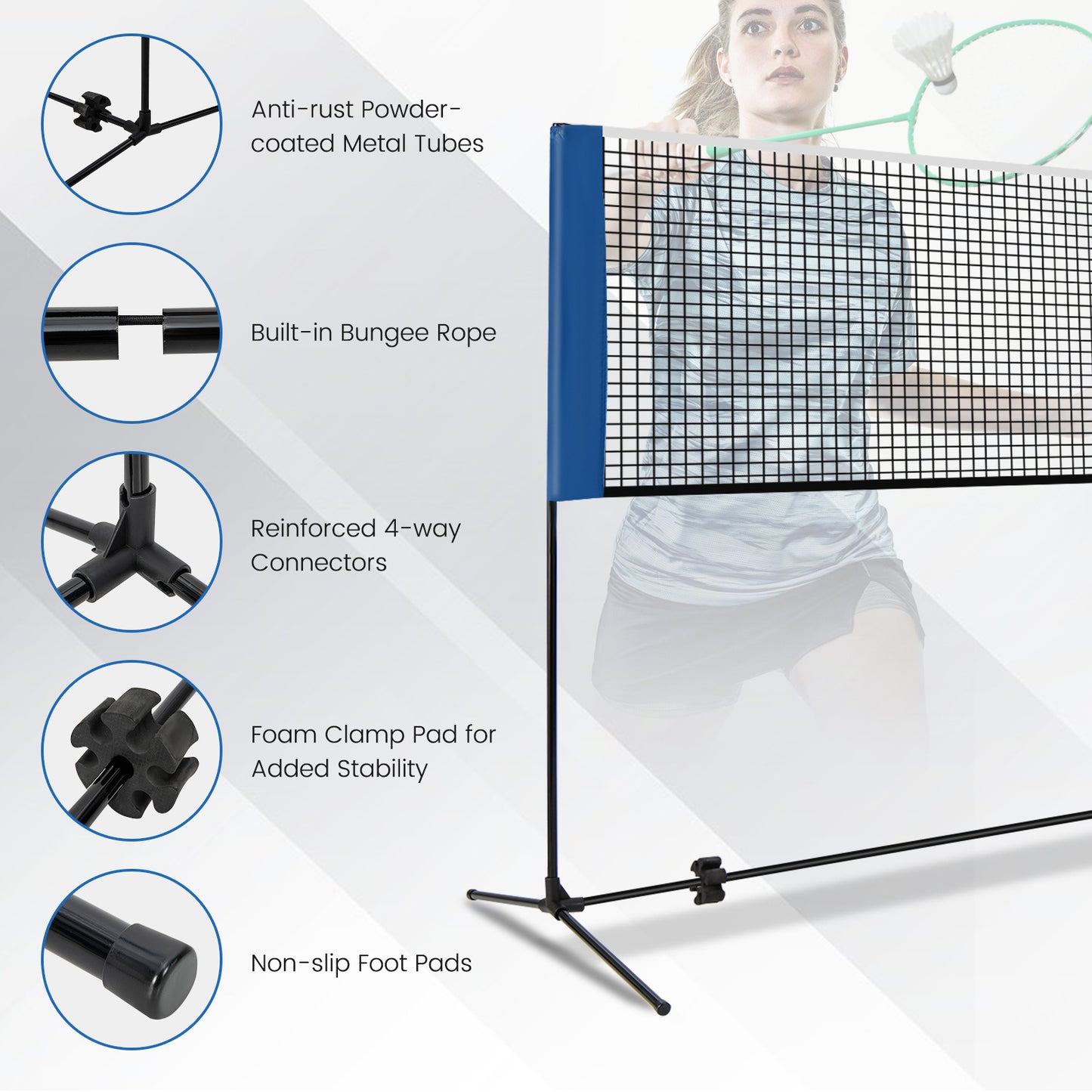 Portable Badminton Net with Poles and Carrying Bag for Lawn-Blue