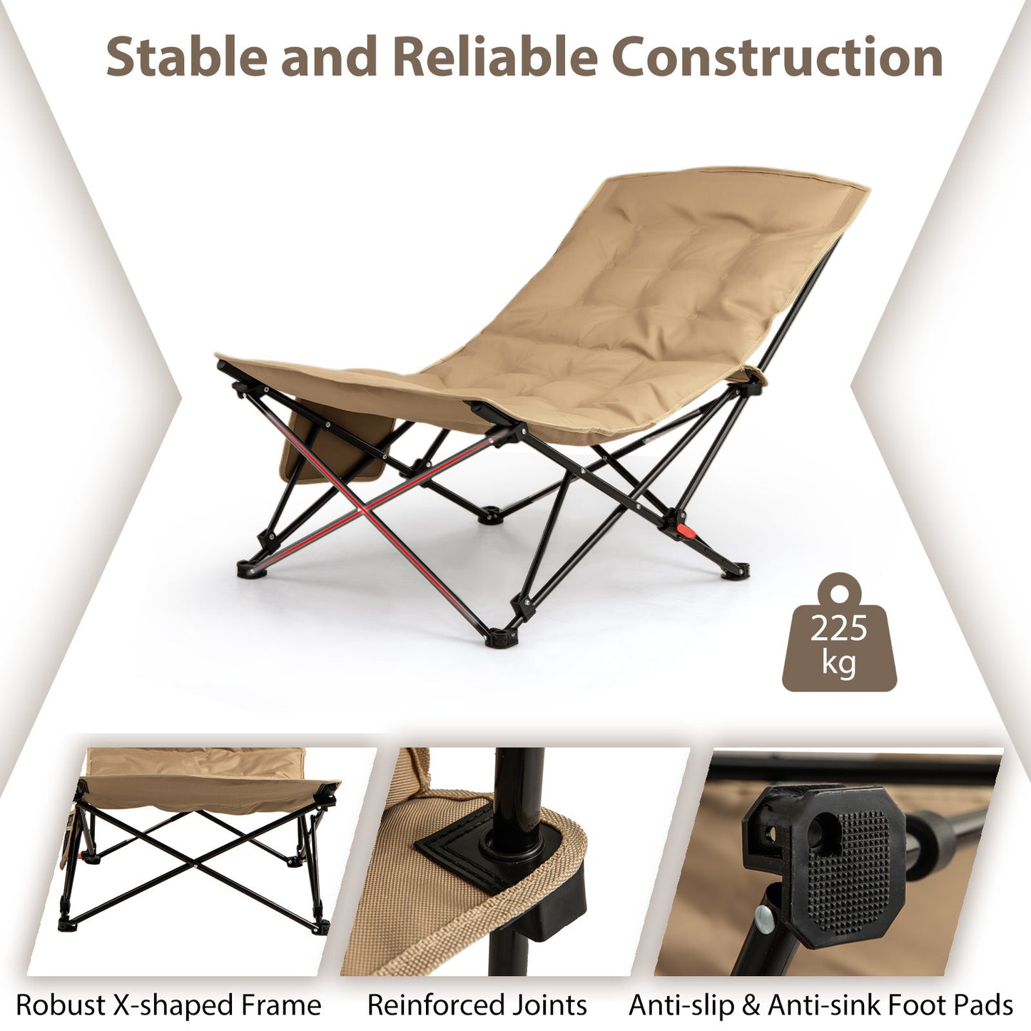 Portable Folding Camping Chair with 4-Position Padded for Sports Fishing-Khaki