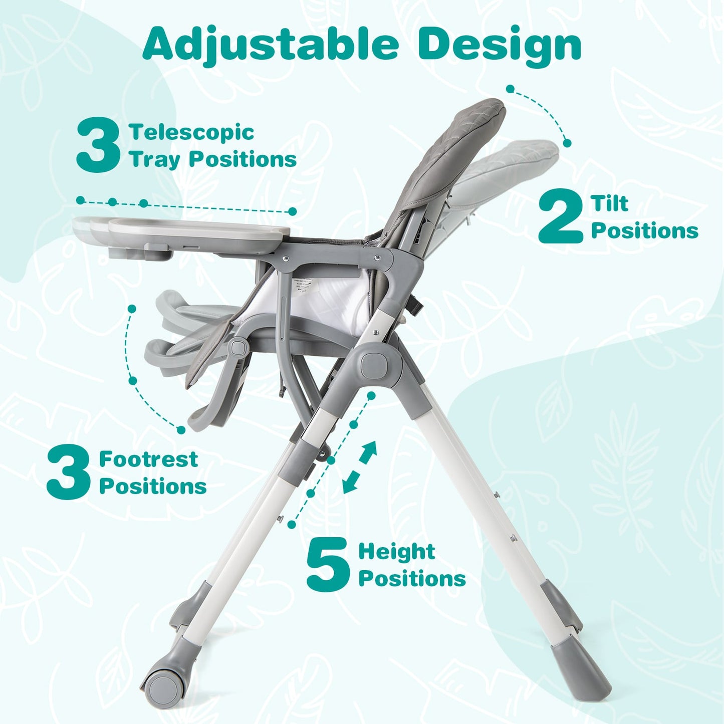Portable Adjustable Highchair with Footrest and Detachable Tray for Babies-Grey