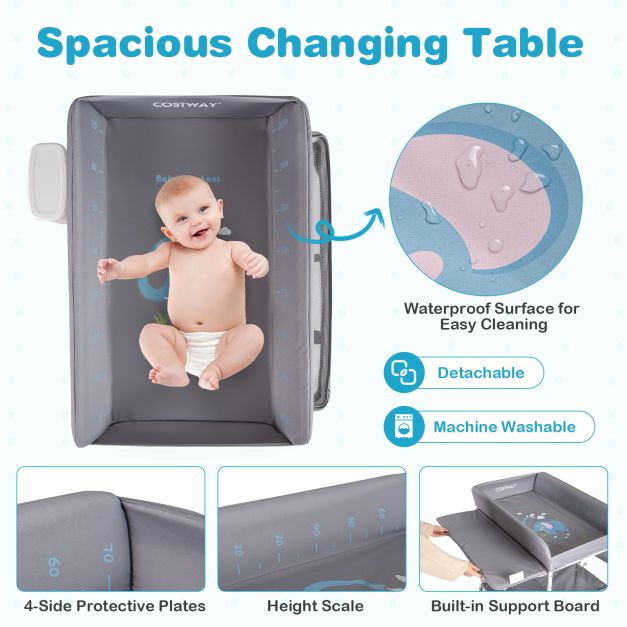 Portable Foldable Waterproof Diaper Changing Table with Wheels-Grey