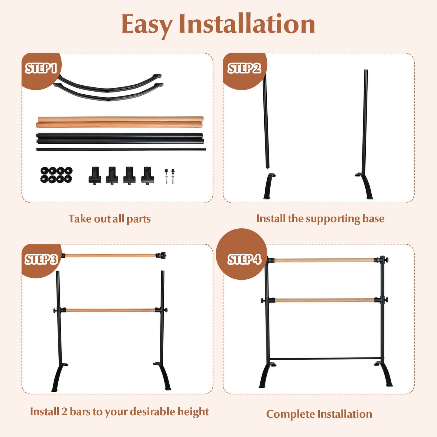 4 Feet Freestanding Ballet Barre with Height Adjustable-Black
