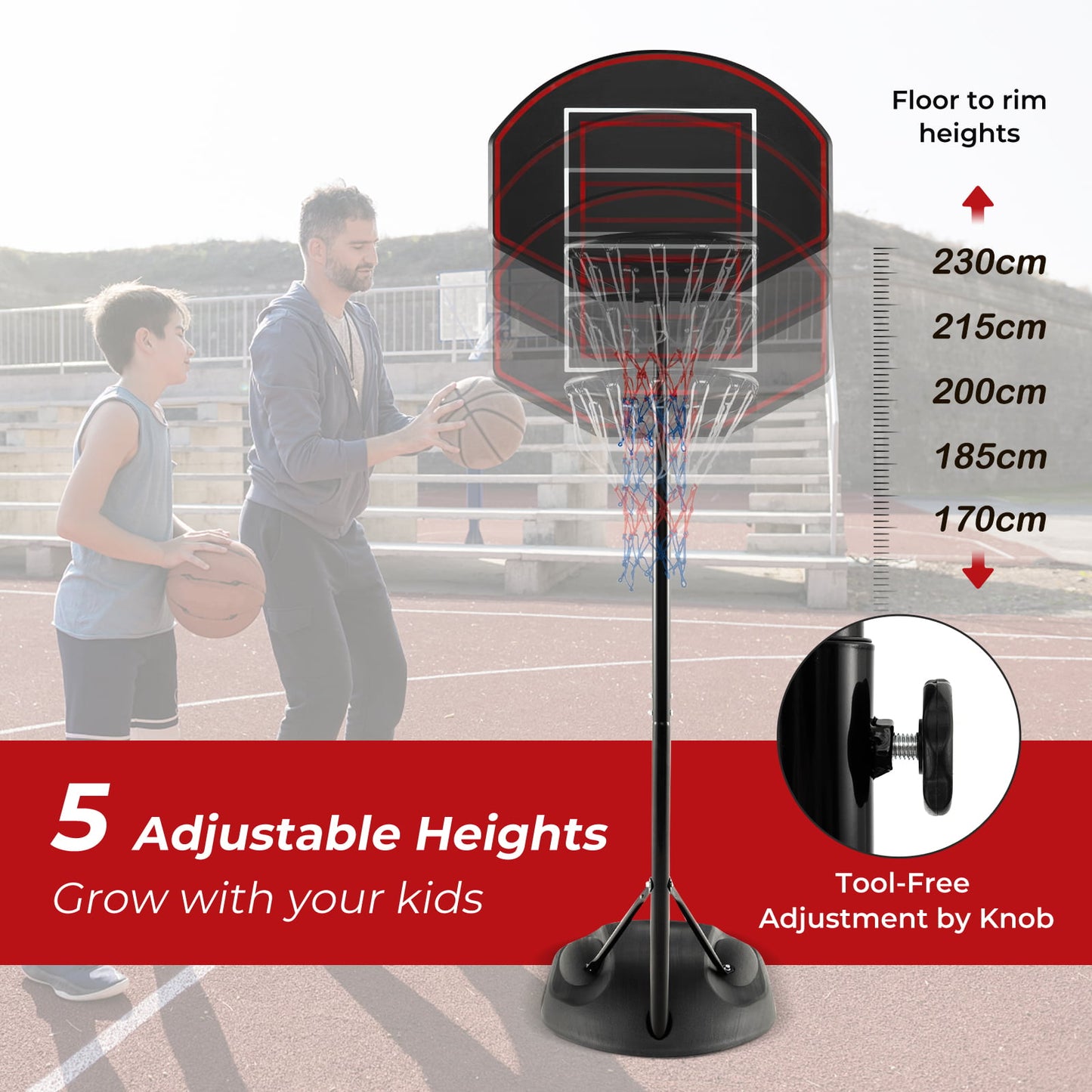 1.67 m-2.28 m Portable Basketball Hoop System with Anti-Rust Stand