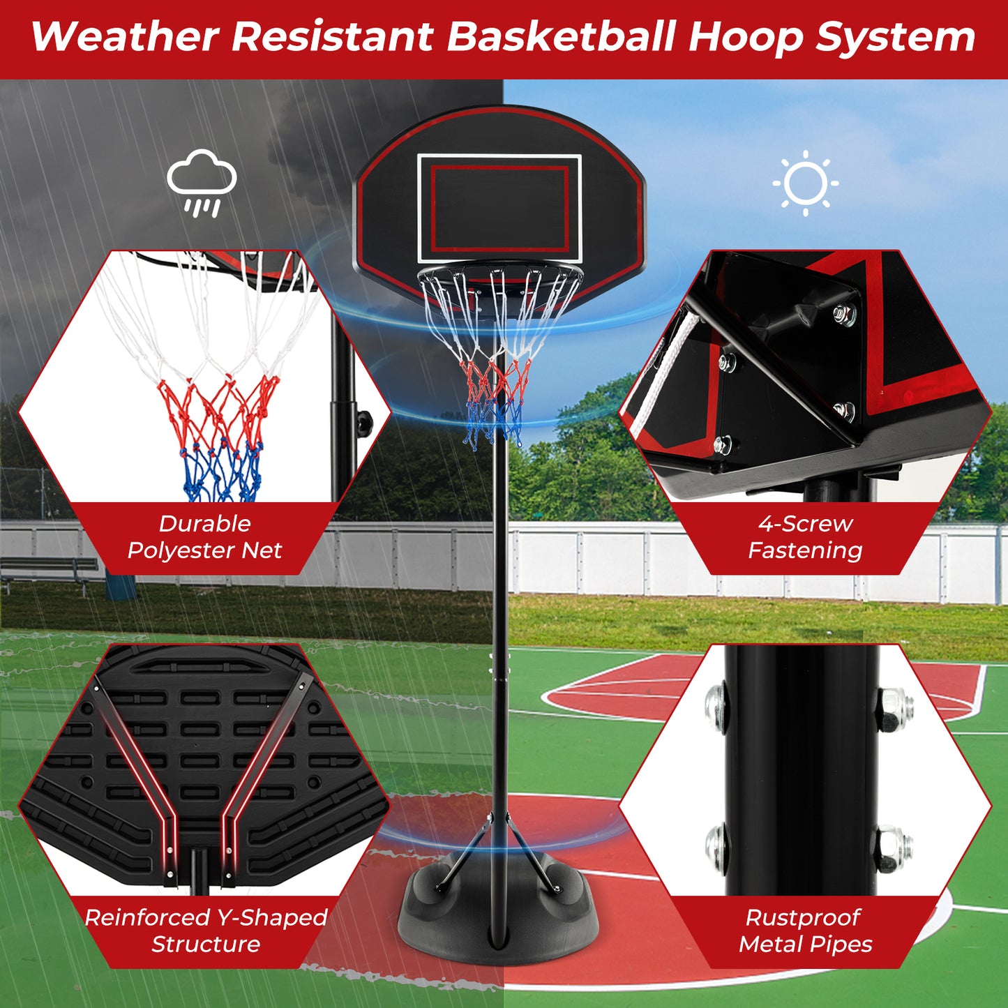 1.67 m-2.28 m Portable Basketball Hoop System with Anti-Rust Stand