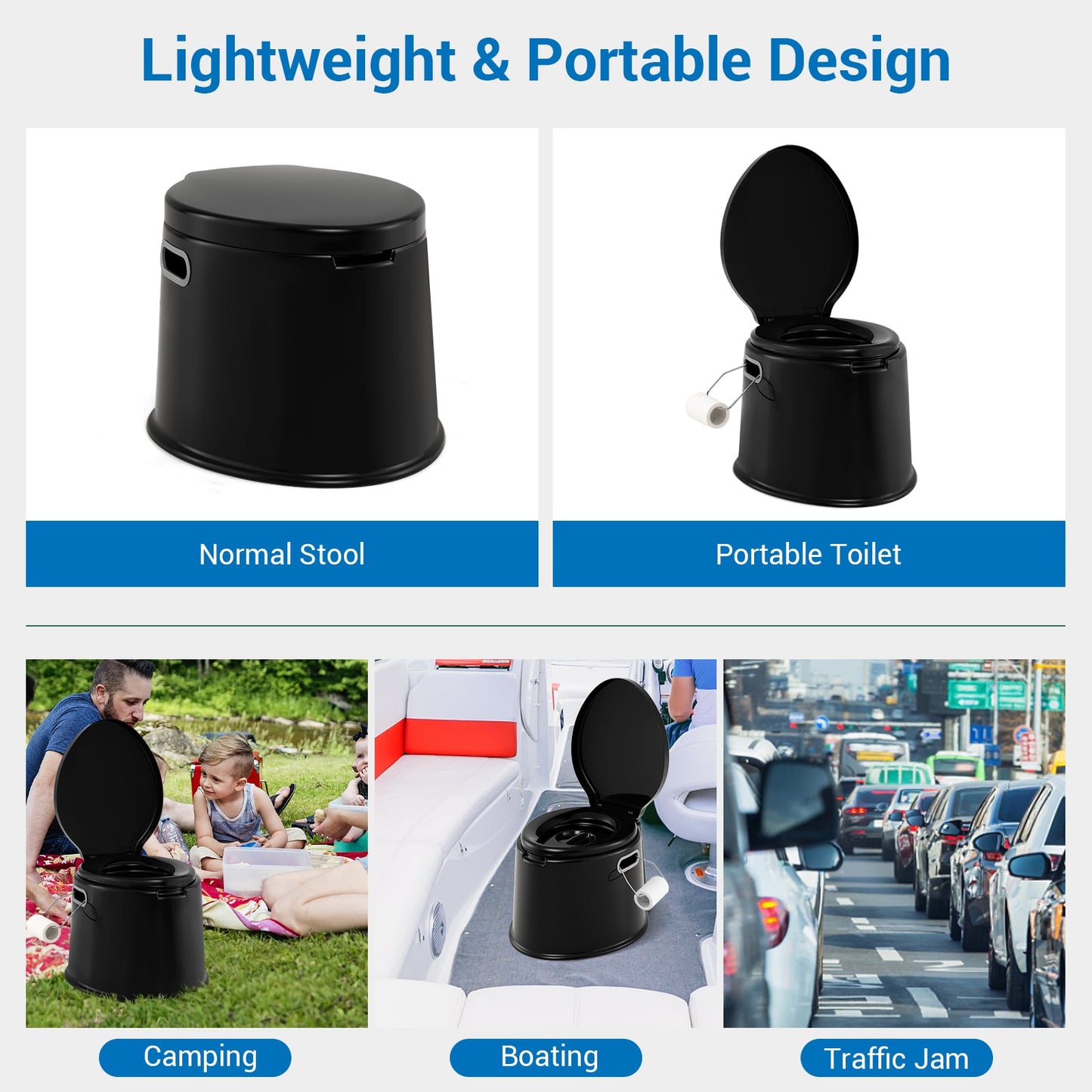 Portable Travel Toilet with Detachable Inner Bucket and Removable Toilet Paper Holder-Black