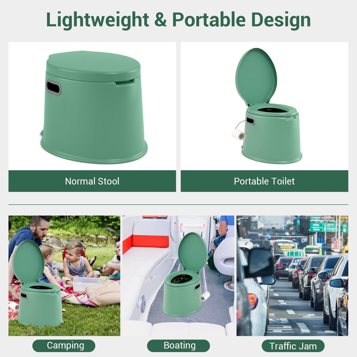 Portable Travel Toilet with Detachable Inner Bucket and Removable Toilet Paper Holder-Green
