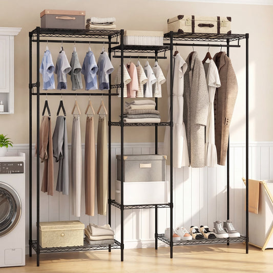Portable Wardrobe Convertible Clothes Organizer with L-shape and Horizontal Installation-Black
