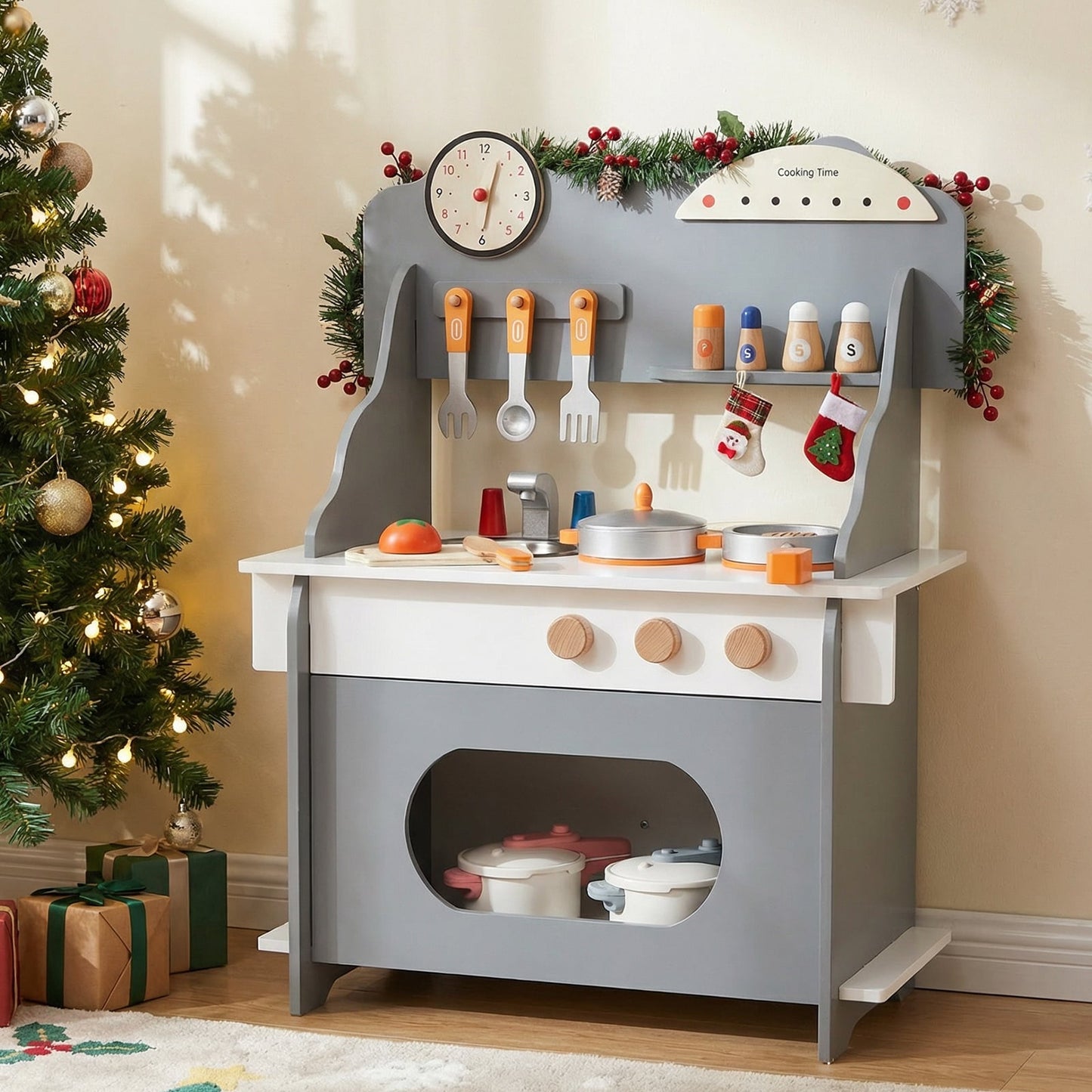 Pretend Play Toy Kitchen Set with Clock Stove Spice Rack for Aged 3+-Grey