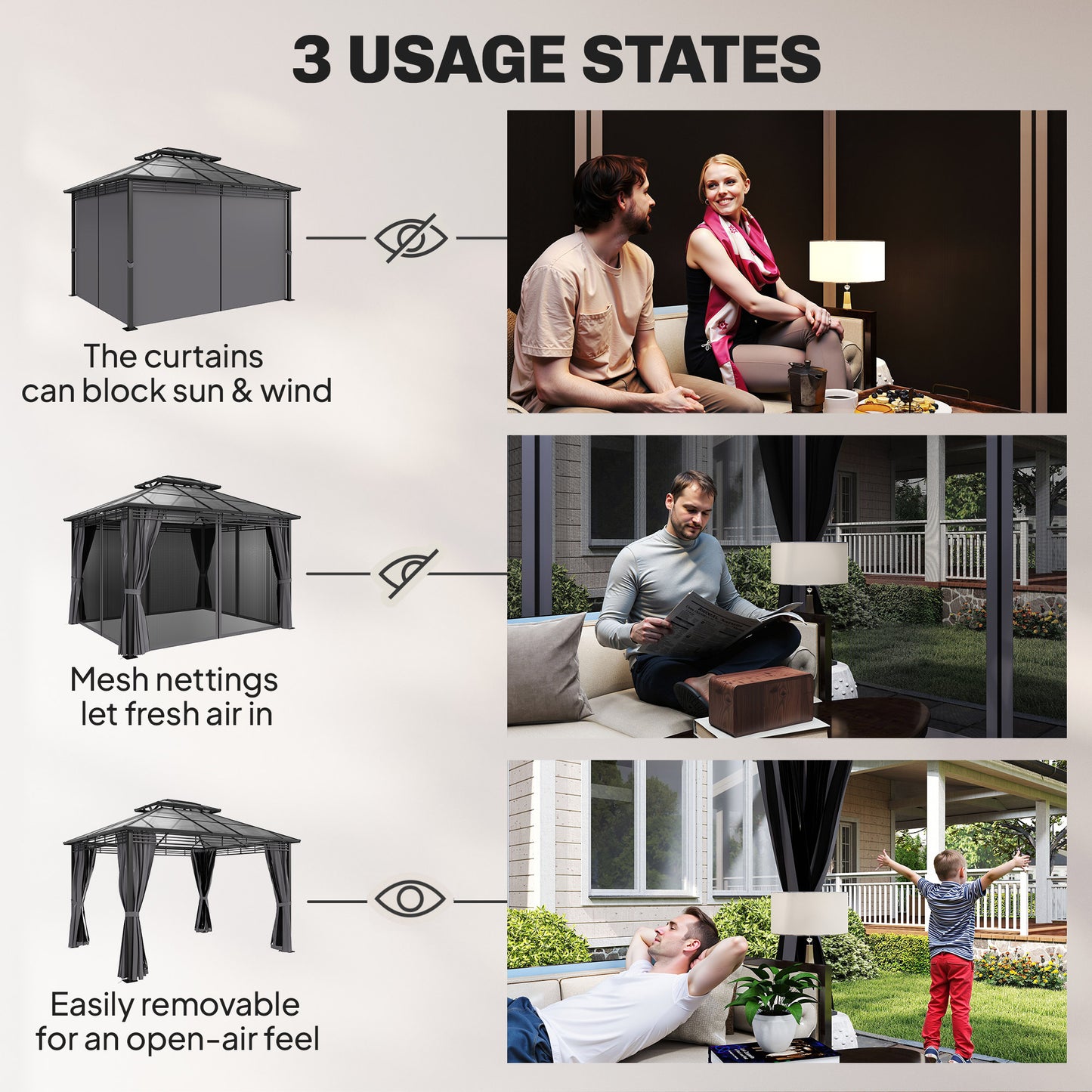 Outsunny 3 x 3.6 m Outdoor Hardtop Gazebo Canopy with 2-Tier Roof, Permanent Pavilion Garden Metal Gazebo with Sides, Dark Grey