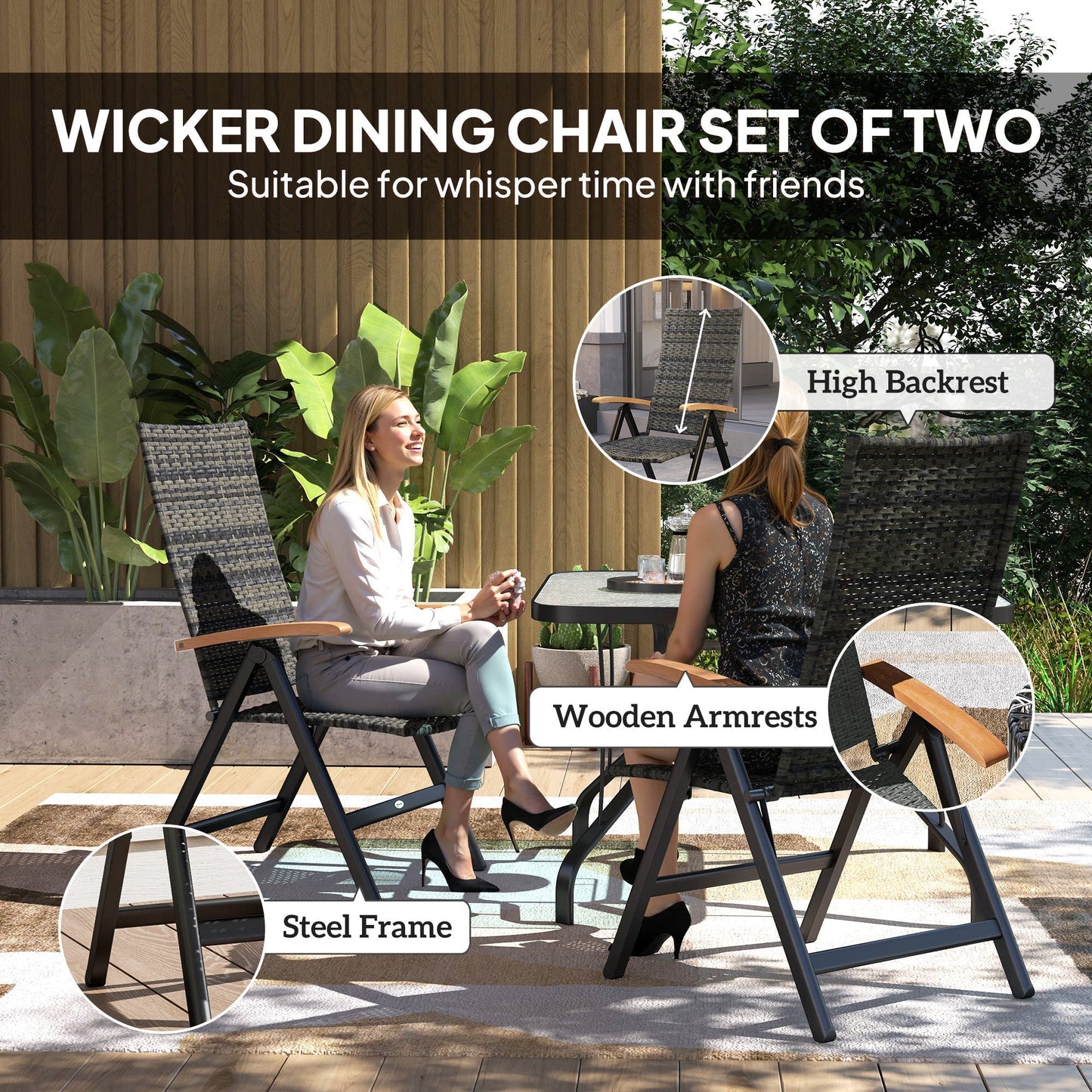 Outsunny 2 Pieces Folding Rattan Garden Dining Chairs with 5-level Reclining High Back, Wood Armrests for Outdoor - Mixed-grey