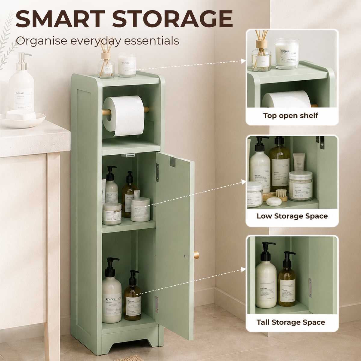 HOMCOM Small Bathroom Storage Cabinet with Toilet Roll Holder - Light Green