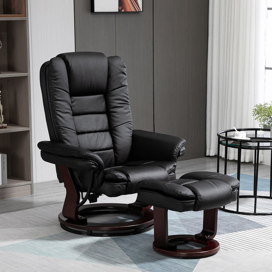 HOMCOM Recliner Chair With footstool, Recliner Armchair up to 130kg Weight Capacity, 135 degrees Reclining Swivel Sofa Chair, PU Leather Ergonomic Couch Bed with Swivel Wood Base for Living Room, Black