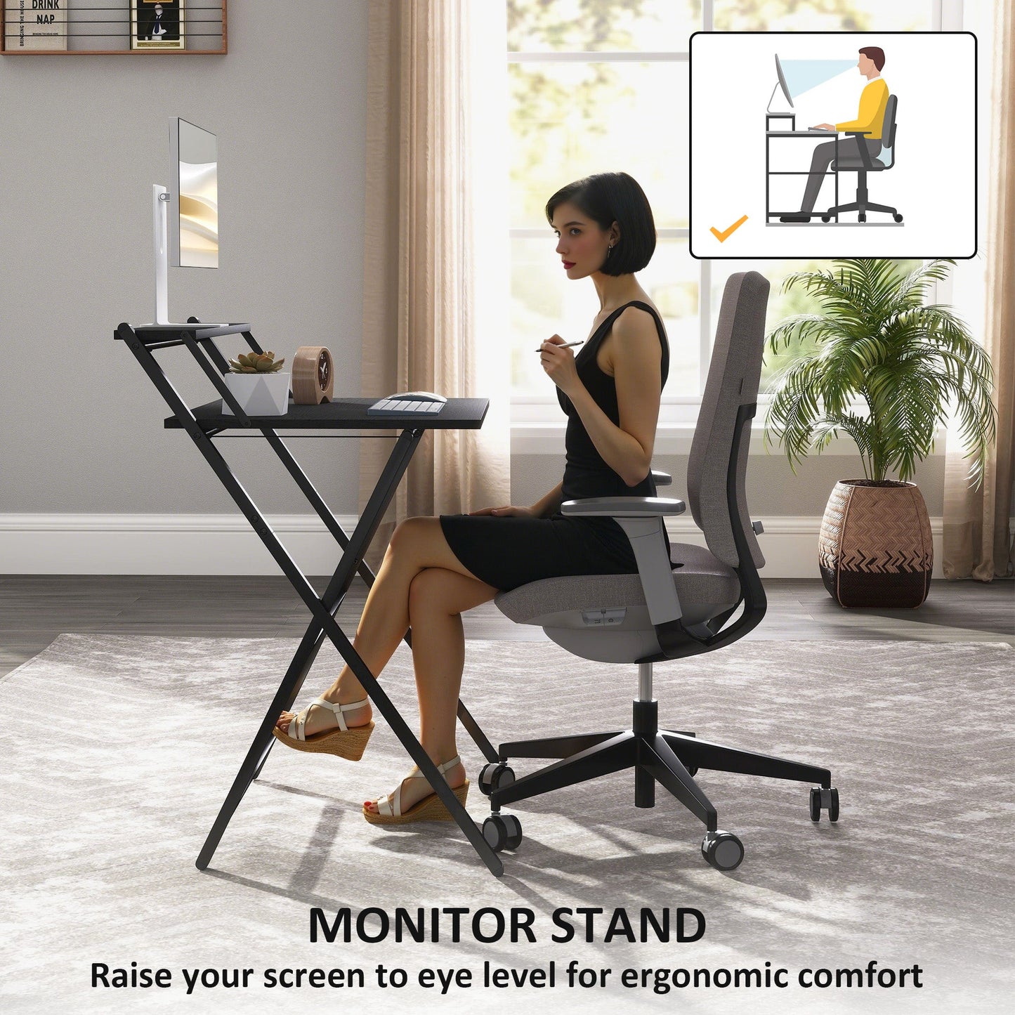 HOMCOM 70 cm Folding Computer Desk with Monitor Shelf - Black