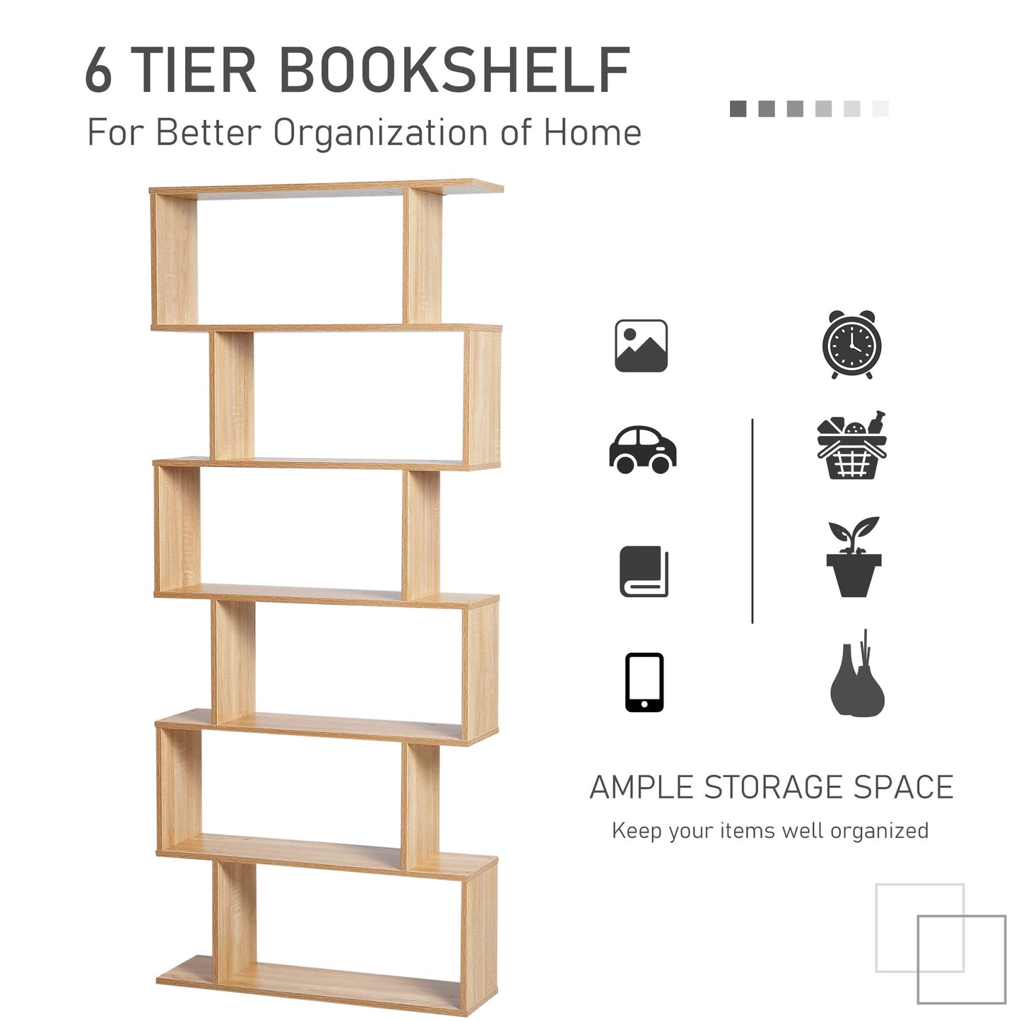 HOMCOM Bookcase, 6 Tier Shelf S Shaped Bookshelf, Storage Unit, Display Shelf for Living Room, Bedroom, Home Office, Plant, Oak