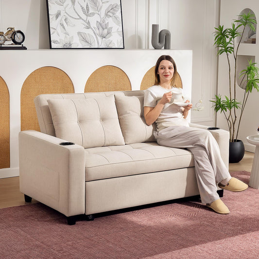 HOMCOM Two-Seater Pull-Out Sofa Bed - Beige