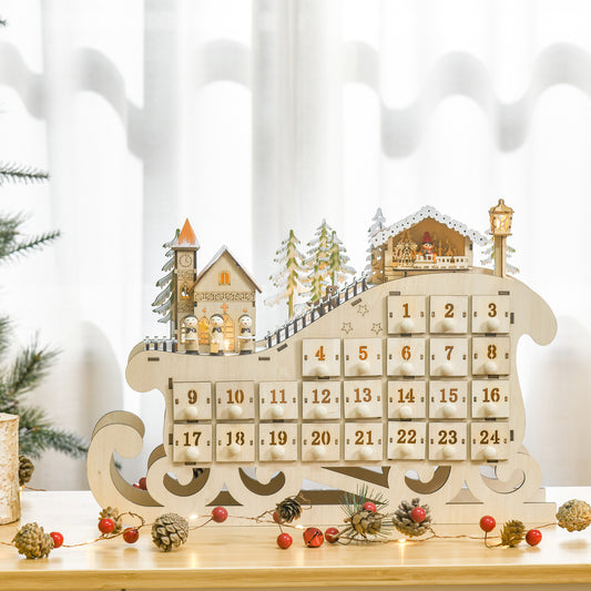 HOMCOM Christmas Advent Calendar, 2021 Light up Table Xmas Wooden Sleigh Holiday Decoration with Countdown Drawer, Village, for Kids Adults, Natural Wood Color
