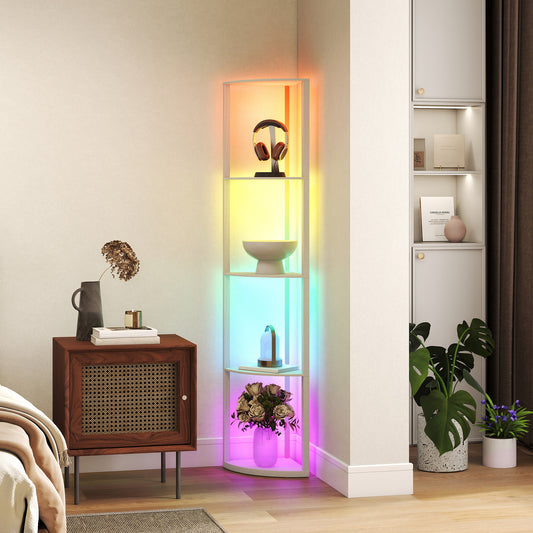 HOMCOM RGB LED Floor Lamp with Shelves, 4-Tier Dimmable Standing Lamp with Remote Control, Oak
