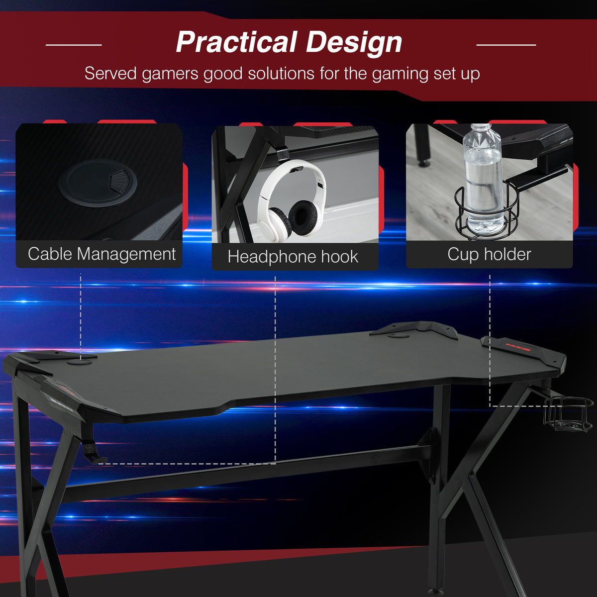 HOMCOM Gaming desk with Cup Holder Headphone Hook Feet Adjustable 120 x 66 x 75cm Black