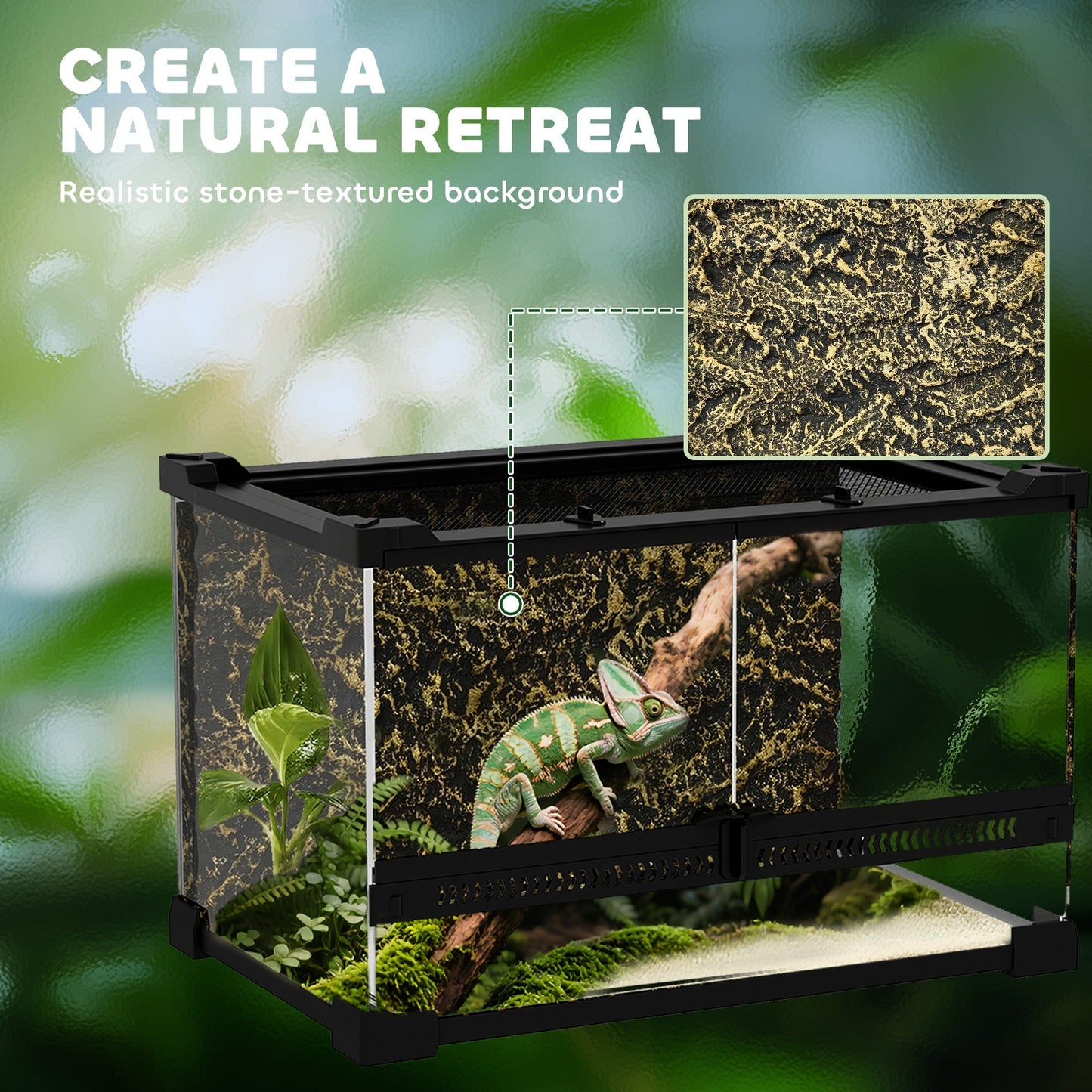 PawHut Reptile Glass Terrarium with Stone Background, Front Ventilation, Escape-Proof Knob Lock, 30 x 20 x 20 cm, Black