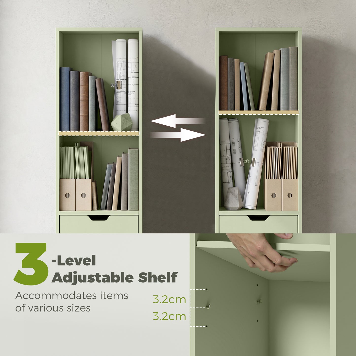 HOMCOM 6-Tier Bookcase, Tall Narrow Bookshelf with Drawer and Door - Green