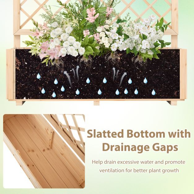 Raised Garden Bed with Lattice Trellis Wooden Elevated Planter-Natural
