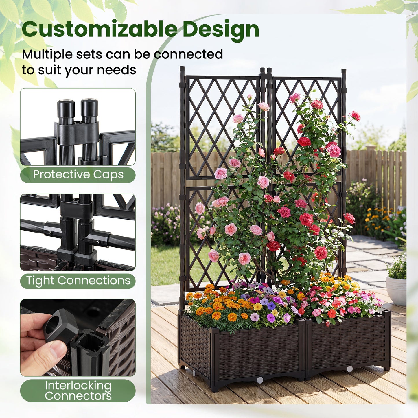 Raised Garden Bed with Trellis Self-Watering Elevated Planter Box with Drain Holes-Set of 2