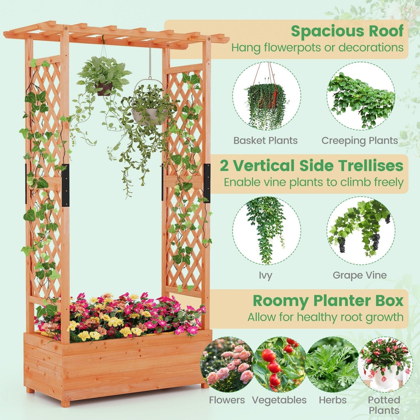 Raised Garden Bed Fir Wood Planter Box with 2-Sided Trellis and Hanging Roof-Orange