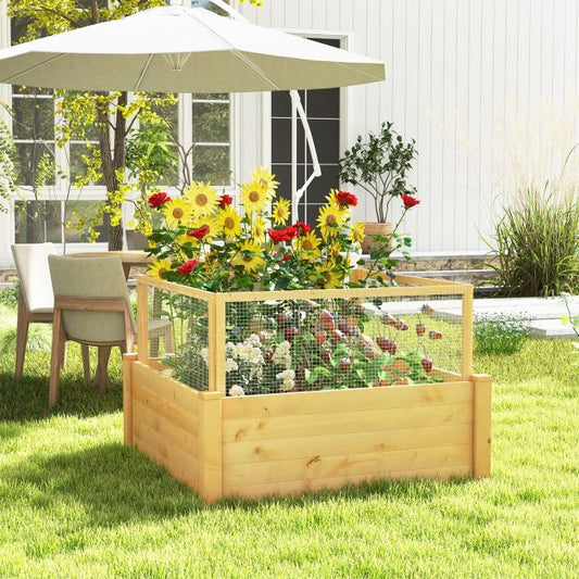 Raised bed with fence Wooden plant box with 4-sided protective fence & plant grid 107 x 107 x 70 cm