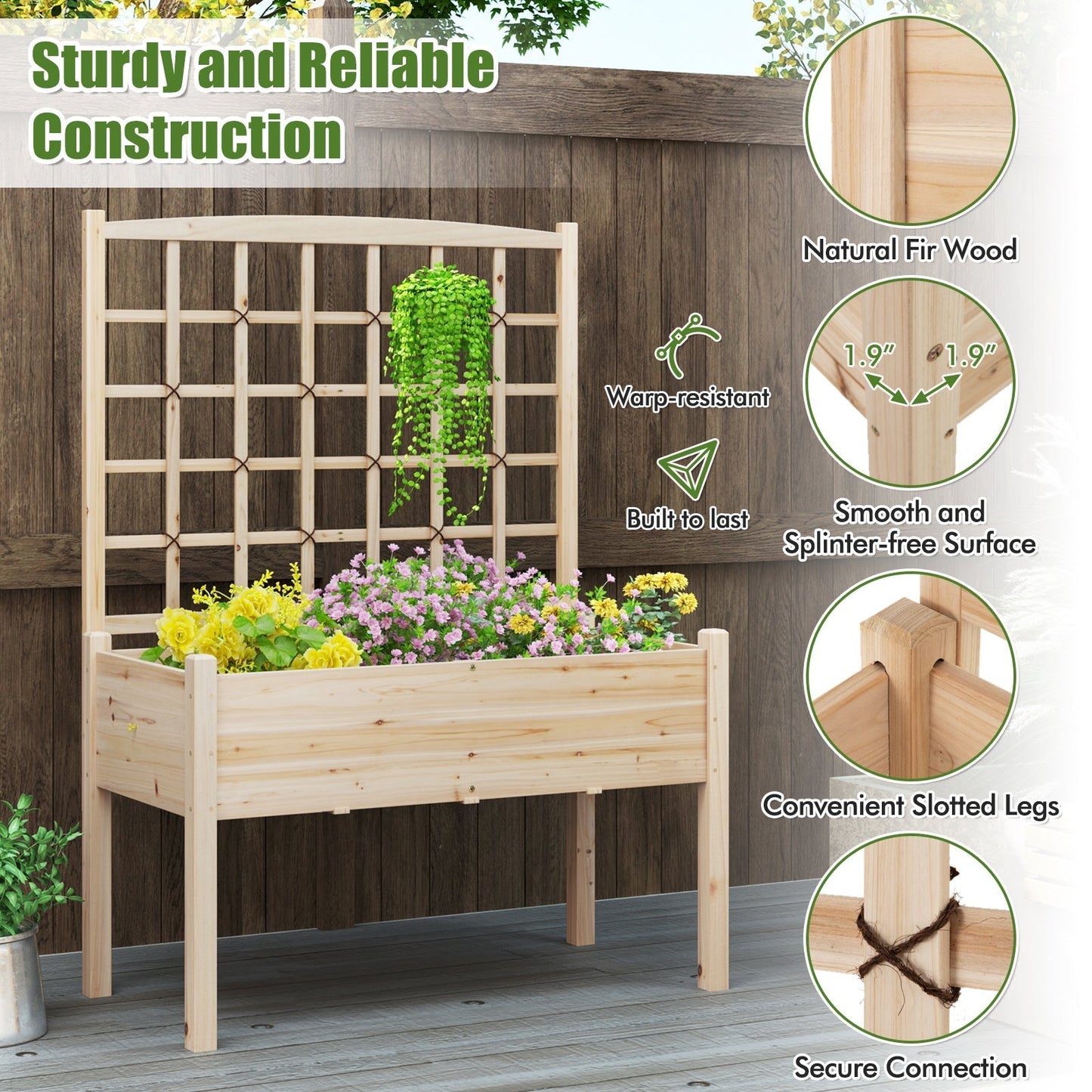 Raised Garden Bed with Lattice Trellis and Drainage Holes Elevated-Natural