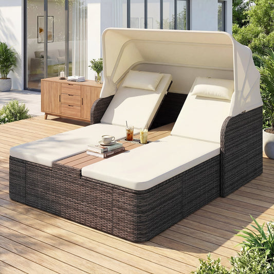 Rattan Double Daybed with Retractable Sunshade and Adjustable Backrests-Beige