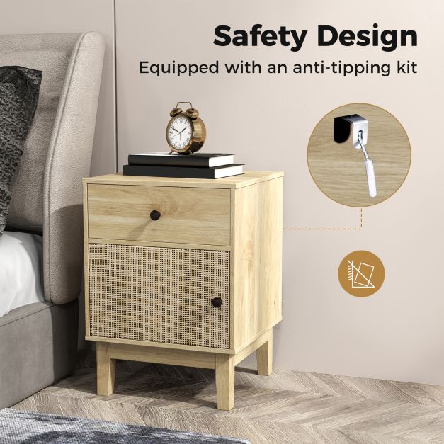 Rattan Nightstand Set of 2 with Storage Drawer and Cabinet-Natural
