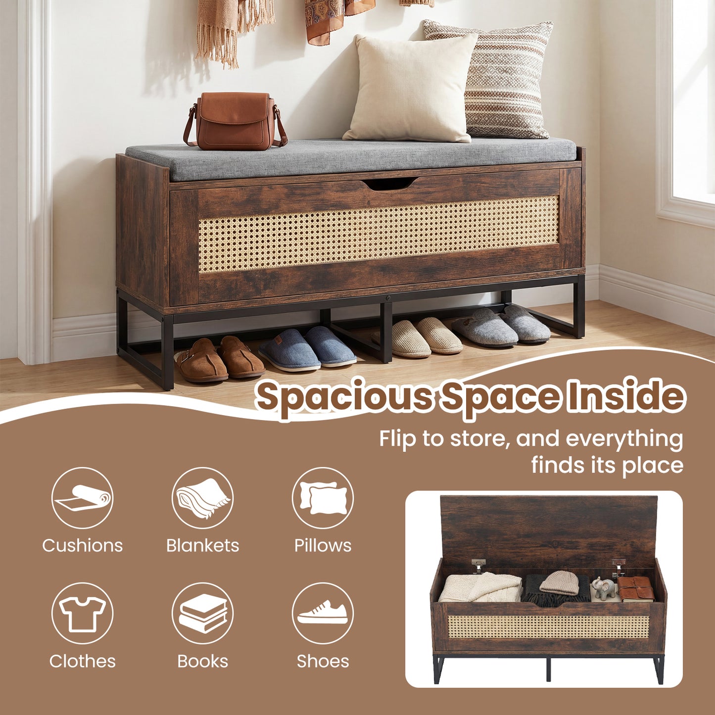 Rattan Storage Chest Wicker Shoe Bench with Padded Seat-Rustic Brown