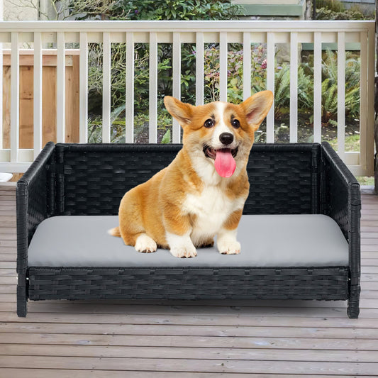 Handwoven Wicker Pet Bed Sofa Couch with Metal Frame and Cushion-Grey