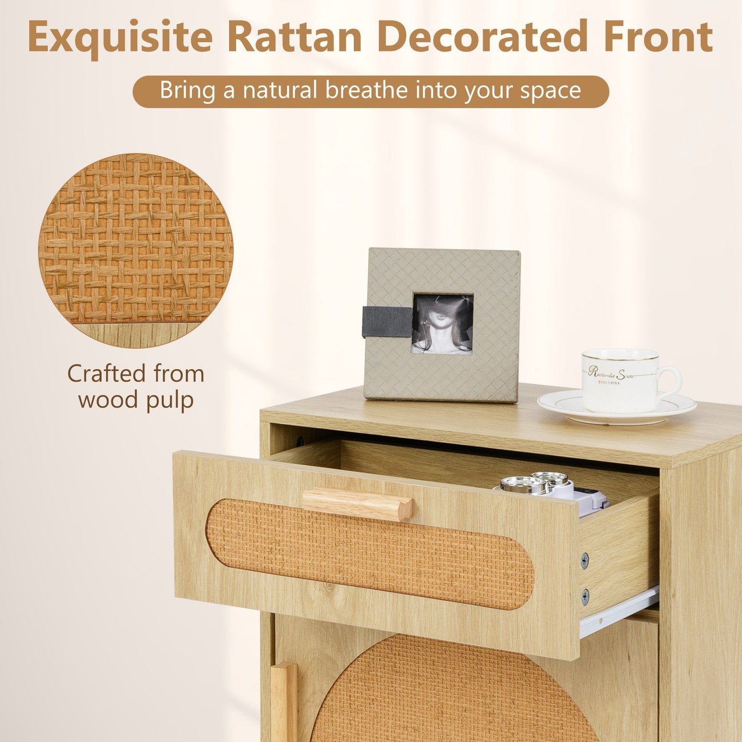 Rattan Nightstand Boho Bedside Table with Rattan-decorated Door-Natural