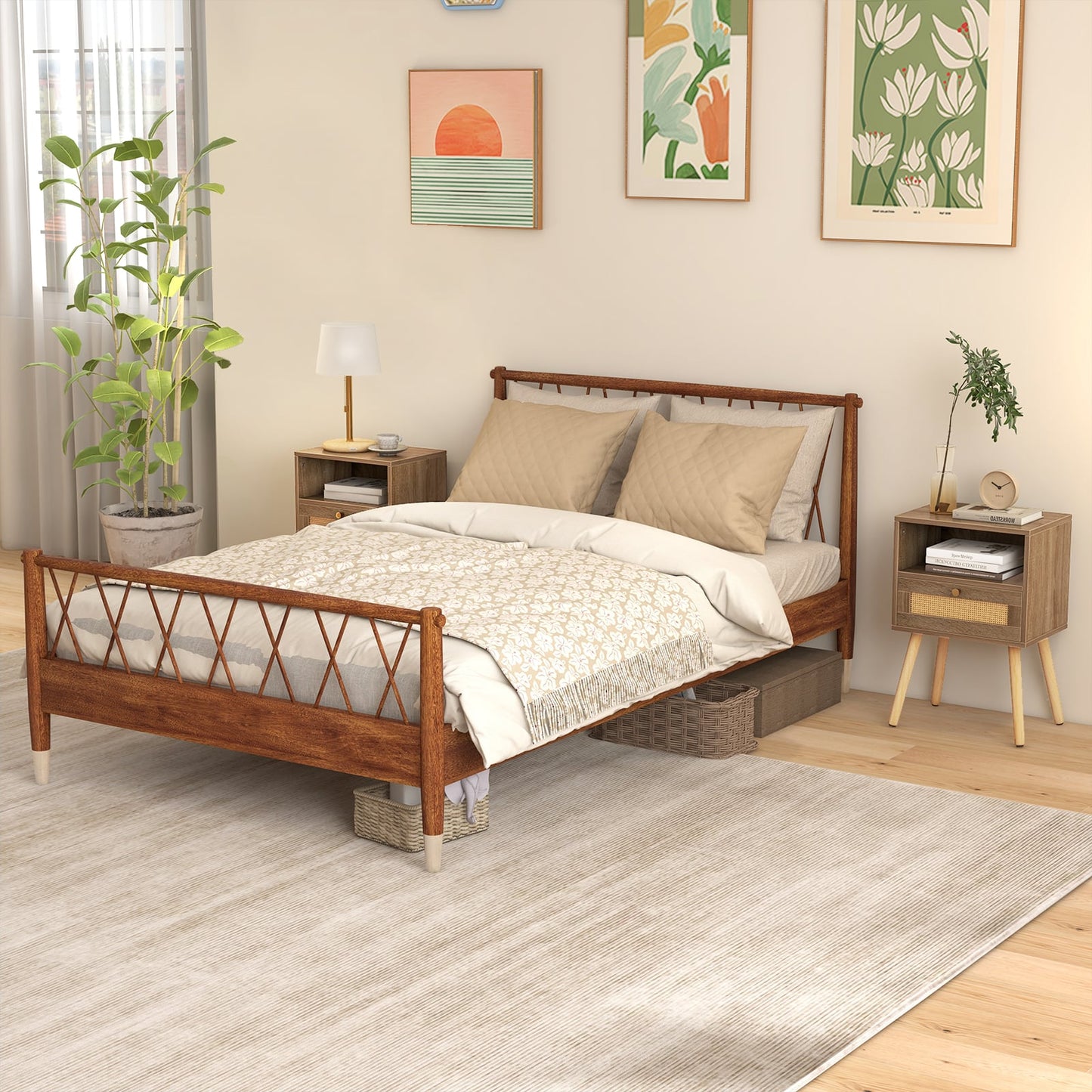 Rattan Nightstand Set of 2 with Rattan Drawer and Open Shelf-Natural