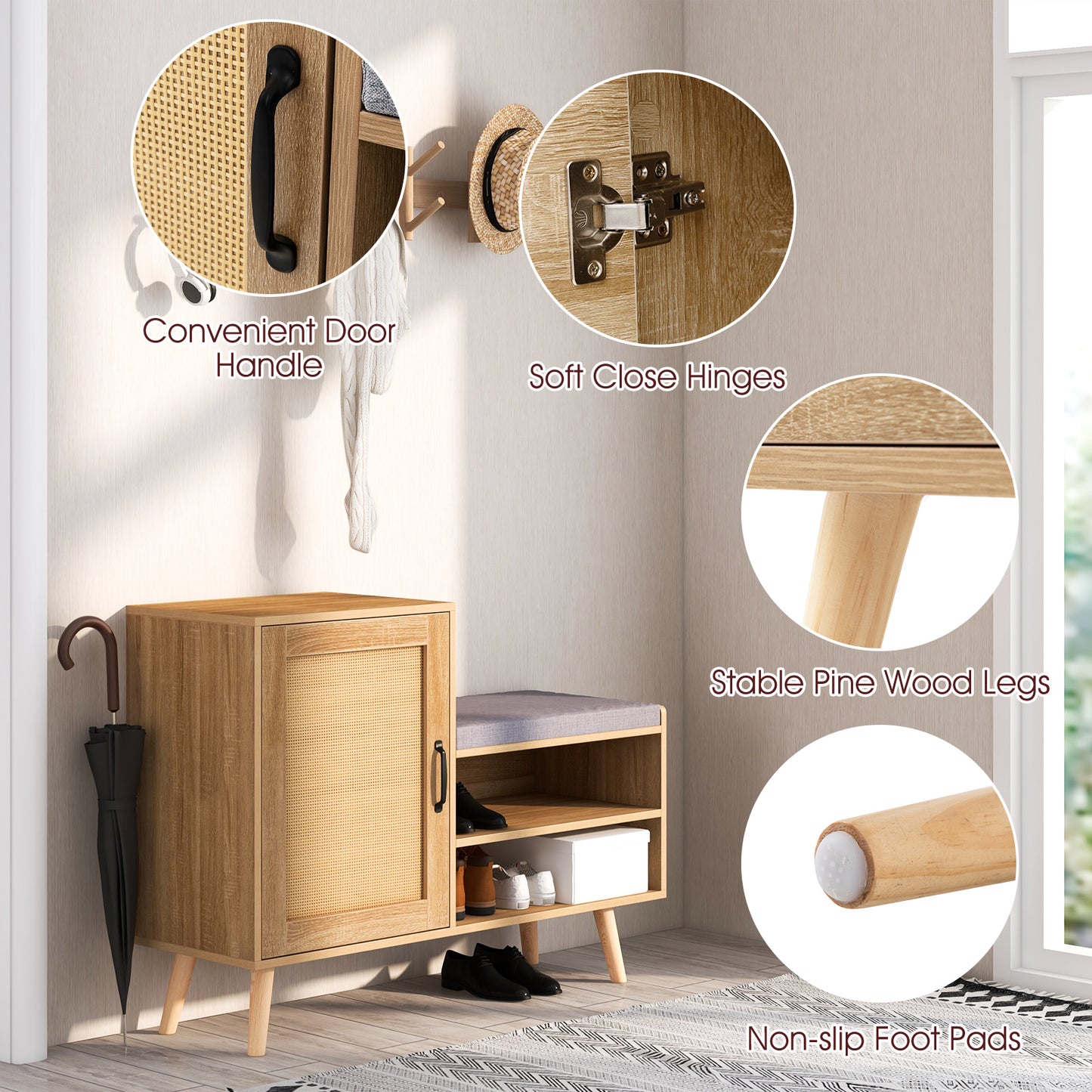 2-in-1 Rattan Shoe Cabinet with Bench and 3 Adjustable Shelves-Natural