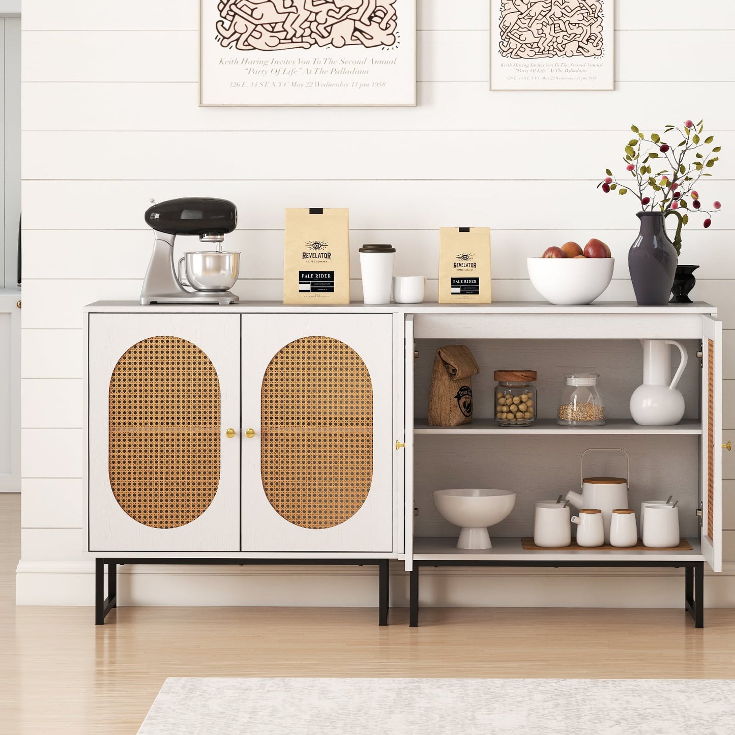 Buffet Cabinet Rattan Storage Cabinet Boho Sideboard-White
