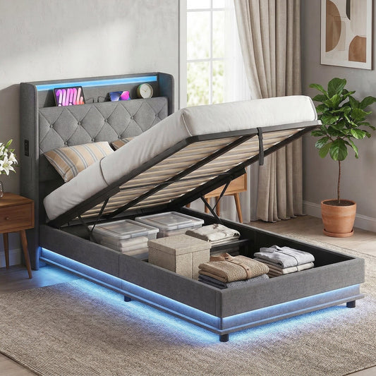 HOMCOM 3ft Single Bed Frame with Headboard, Platform Bed Frame with Hydraulic Storage, LED Lights and Charging Station, Grey