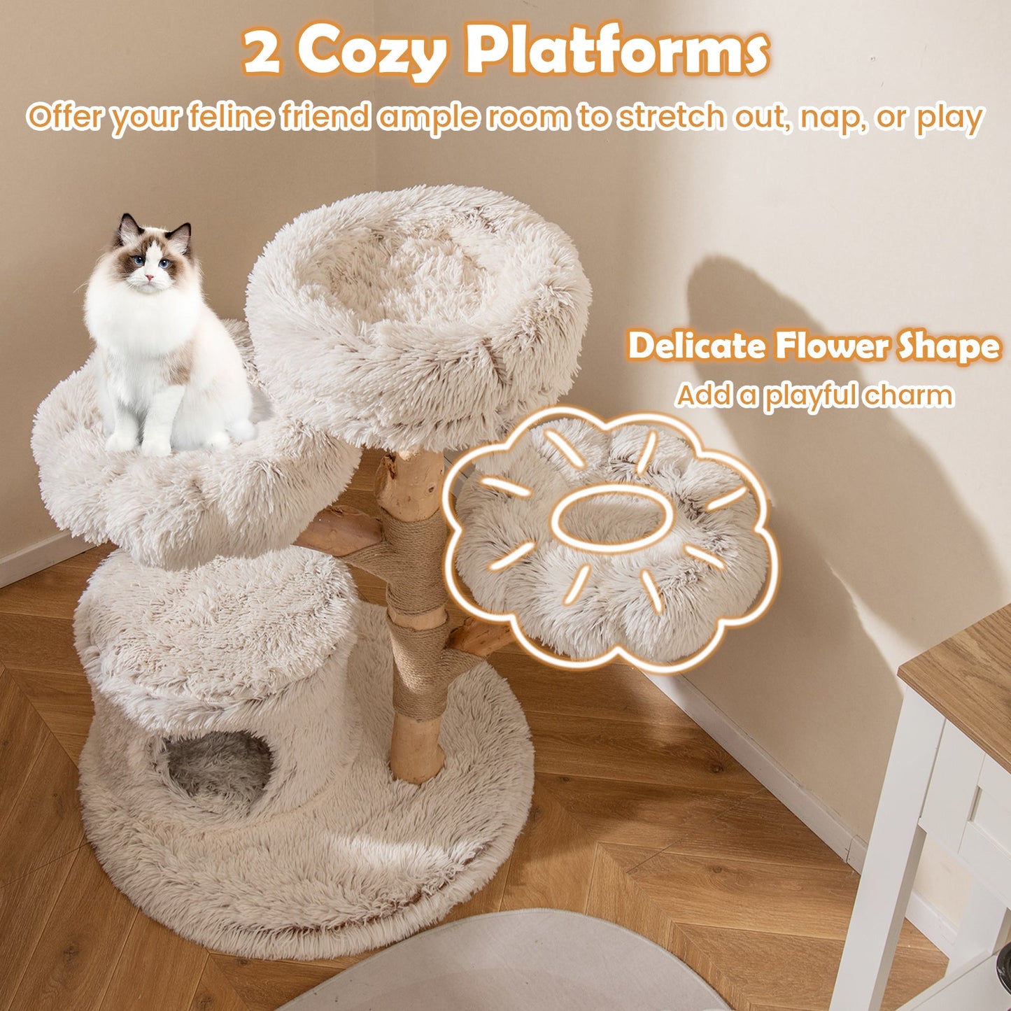 102 CM Tall Real Wood Branch Kitten Tower with Condo and 2 Flower Platforms-White