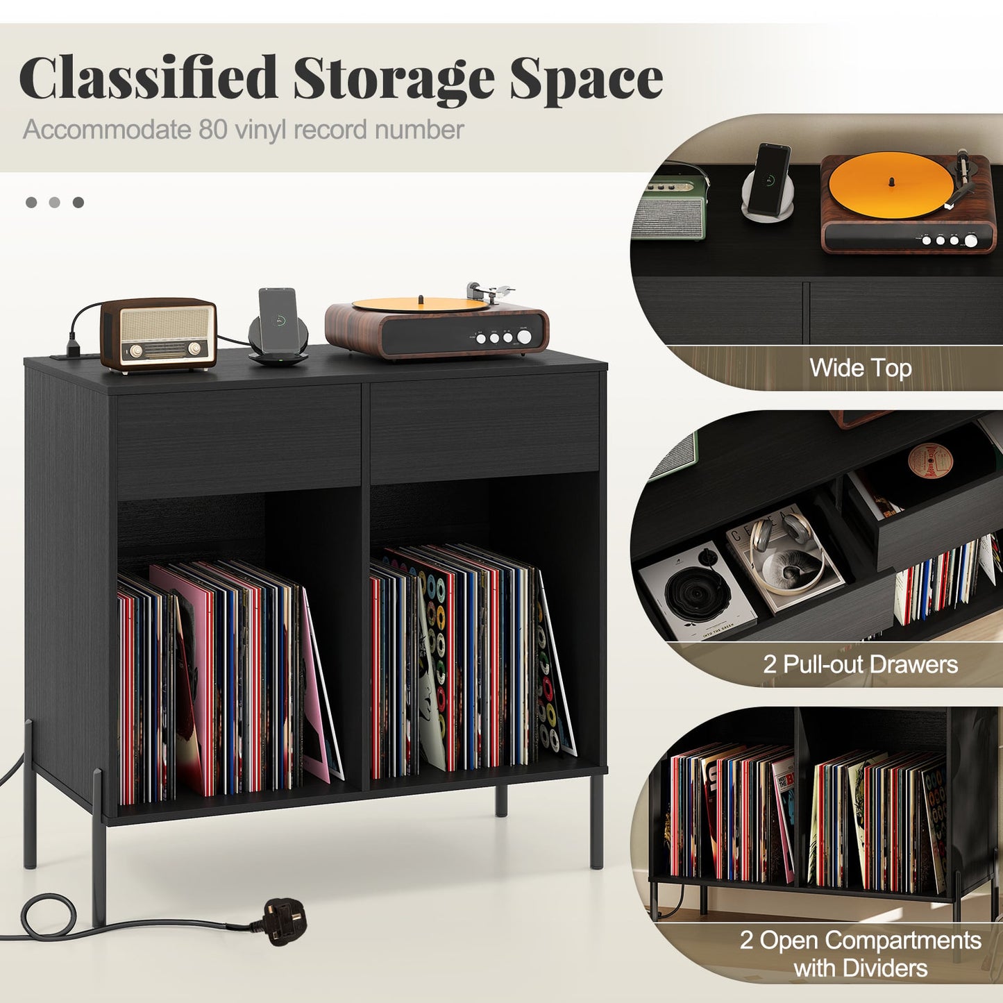 Record Player Stand with Power Outlets and Drawers for Living Room-Black