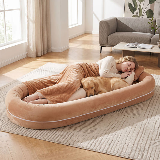 Removable Detachable Human Dog Bed for Adults and Large Dogs with Matching Plush Blanket-Brown