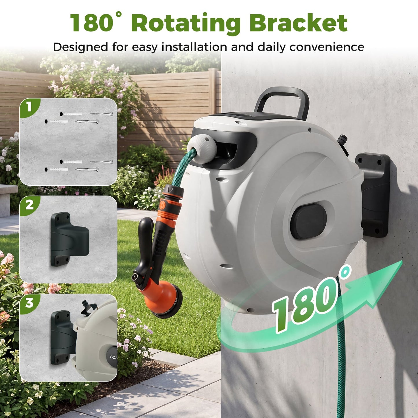 Retractable Garden Hose Reel 1.5 cm x 15 m Heavy Duty Wall Mount Hose Reel-White