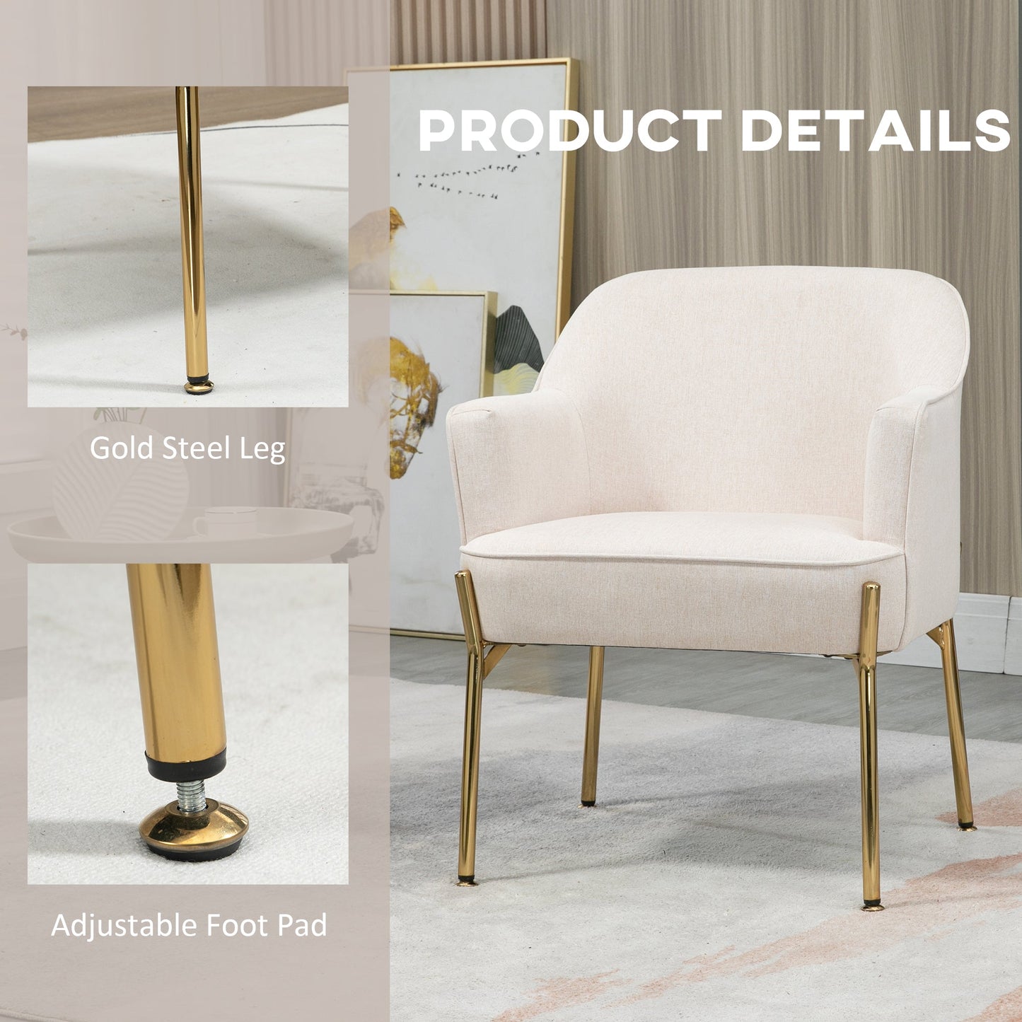 HOMCOM Accent Chair, Living Room Armchair, Vanity Chair with Gold Plating Metal Legs and Soft Padded Seat for Bedroom and Café, Set of 2, White