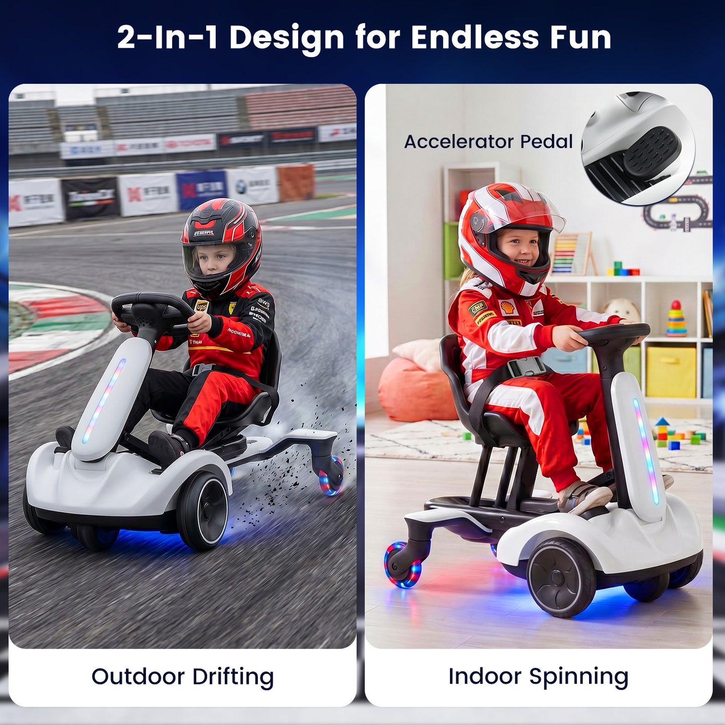 Ride on Drift Car for Kids 2-In-1 Go Kart with Adjustable Seat Sound LED Lights-White