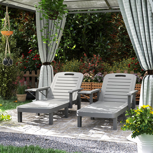Outsunny Set of 2 Reclining Sun Loungers, 5 Positions Adjustable Outdoor Chaise Lounge Chair with Armrests, Dark Grey