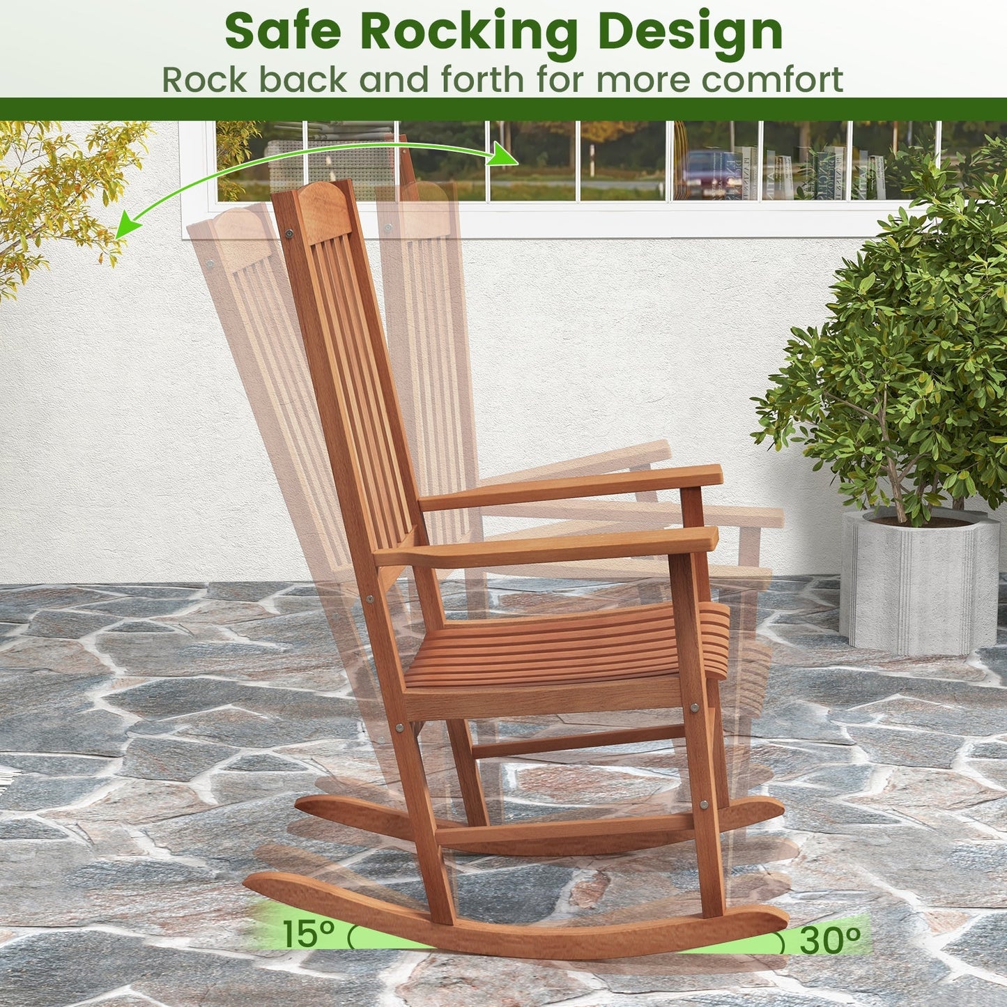Ergonomic Slatted Patio Rocking Chair for Garden Poolside Courtyard