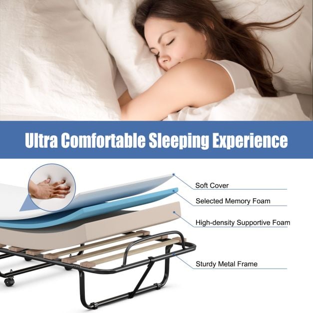 Rollaway Folding Bed with Memory Foam Mattress Guest Bed with Wheels-Beige