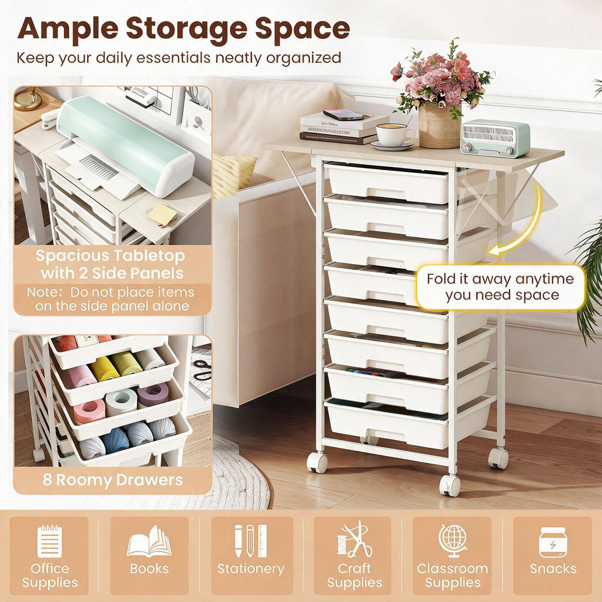 Rolling Cart with 8 Drawers and Foldable Side Panels for Dorm-White