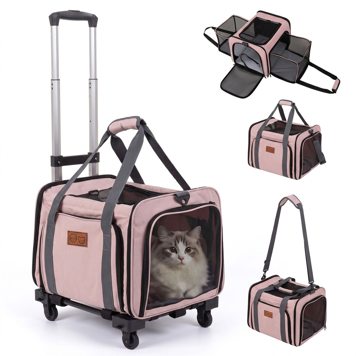 Rolling Cat Carrier with Wheels and Telescopic Handle-Pink
